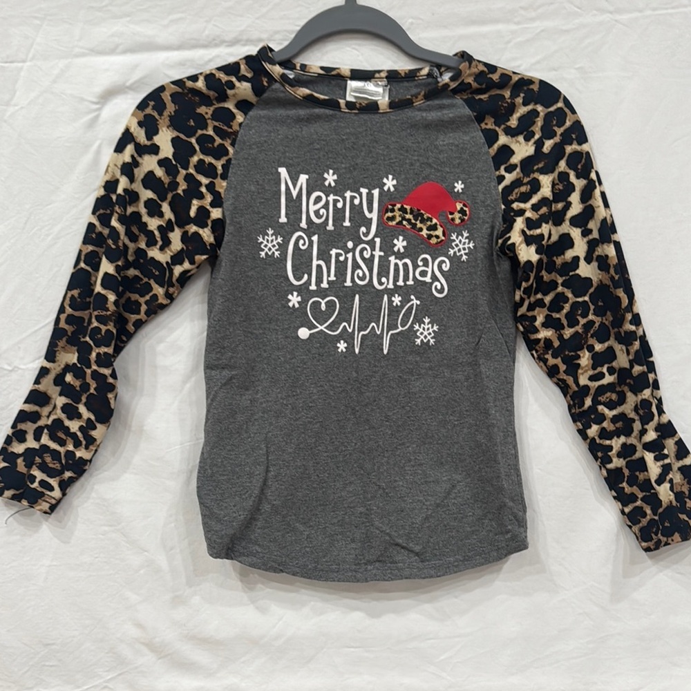 Gray and Leopard Print Kids Christmas Shirt